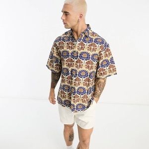 ASOS NWOT Design Brown Blue Hawaiian Shirt oversized linen mix 70’s floral boxy
